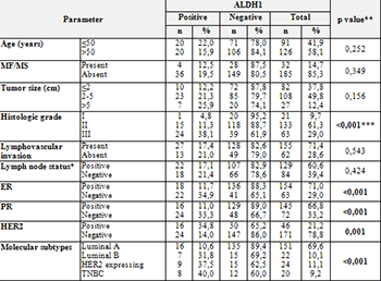 Prognostic value of aldehyde dehydrogenase 1 (ALDH1) in invasive breast carcinomas